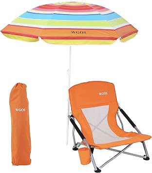 Beach Chair, Low Beach Chairs with Umbrella, Compack Portable Folding Festival Chairs, Chairs with Shade for Adult, with Cup Holder, Carry Bag, Heavy Duty, for Outdoors, BBQ 1-Pack Orange