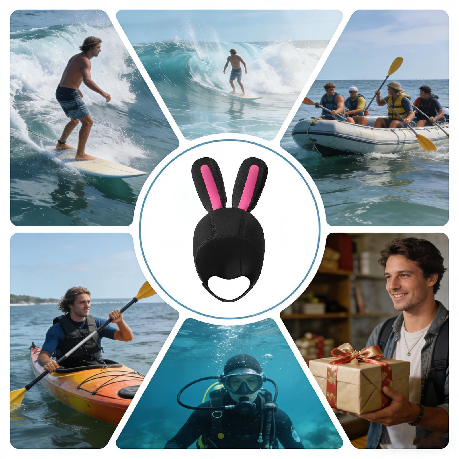 Chapeau de voile en néoprène avec oreilles de lapin – Chapeau de plongée, pour le surf, le canoë, les sports nautiques, la voile, la natation, le kayak, la plongée avec tuba