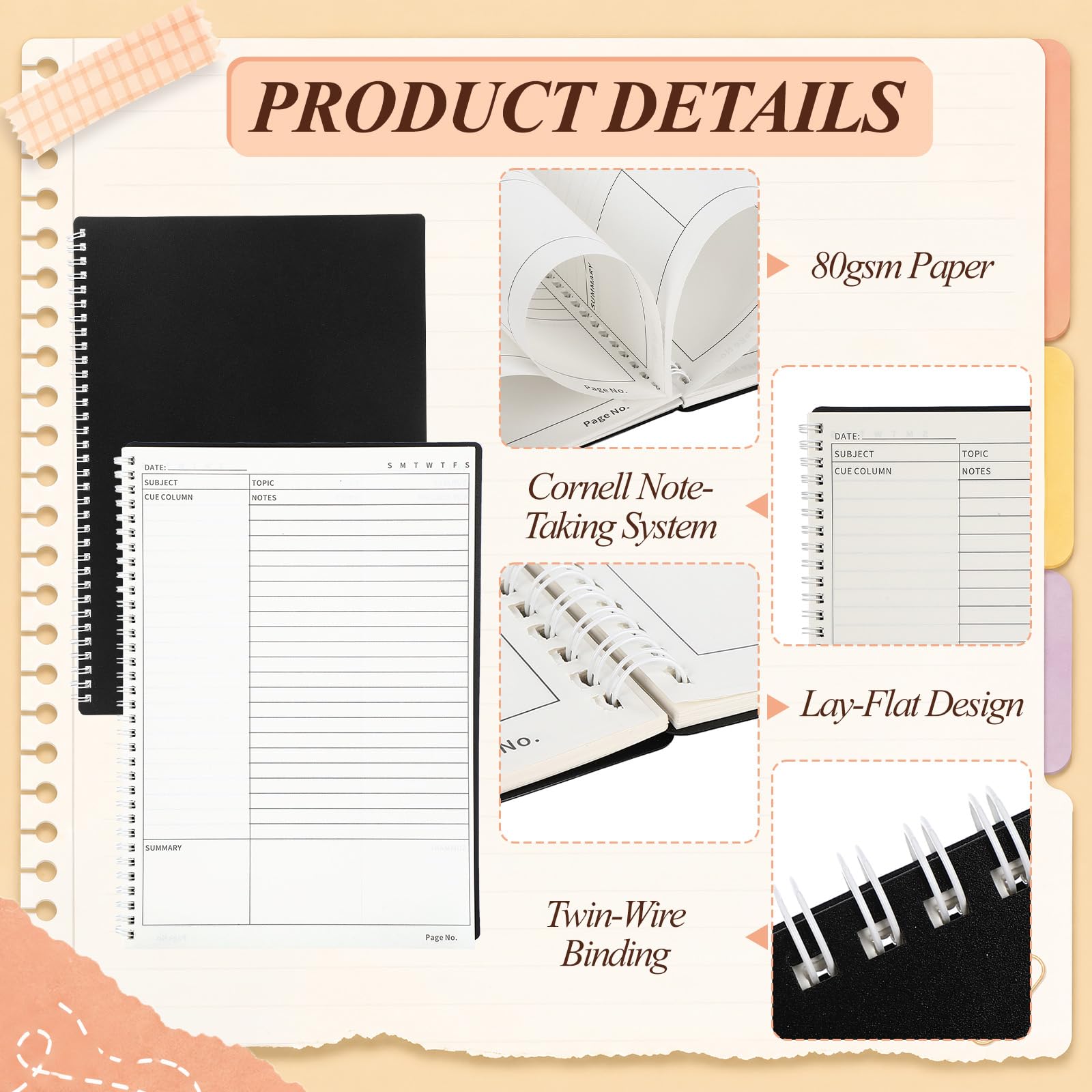 Resurhang Paquete de 10 cuadernos de notas Cornell A4, 8.5 x 11 pulgadas, cuadernos de espiral Cornell para tomar notas, cuaderno rayado universitario para escuela, oficina, negocios, hogar, 60 hojas