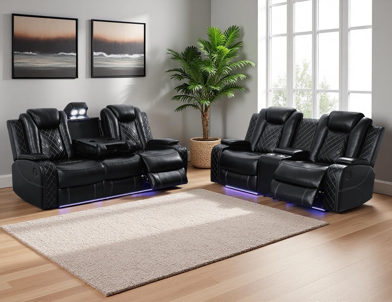 Anthato Black Leather Power Recliner Sofa Set, 2 Piece Reclining Sofa and Loveseat Set, Luxury Reclining Loveseat Couch Recliner Sets with Coffee
