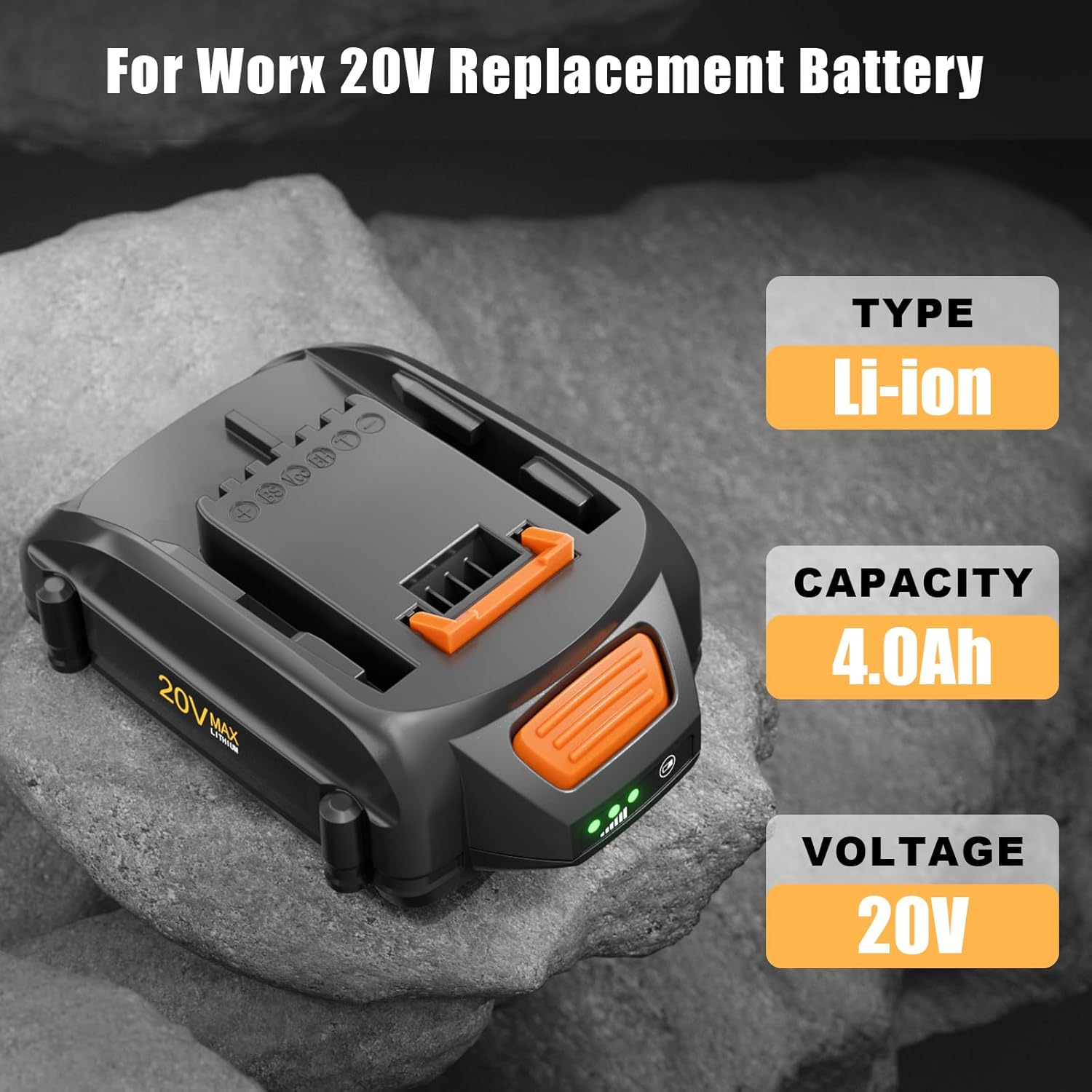 POWTREE 2Pack 4.0Ah WA3525 Replacement for Worx 20V Battery Power Share Max 20V Lithium-ion Battery Compatible with Worx Battery 20V WA3520 WA3575 WG251s WG255s WG540s WG890 WG891 Tools Batter y