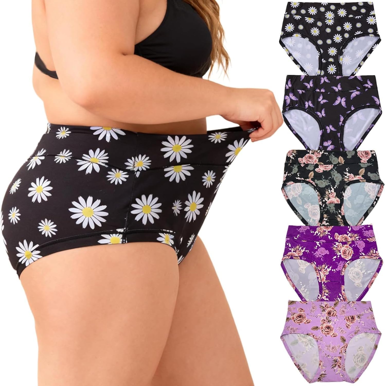 Womens Underwear Plus Size XL-5XL Ladies Panties Floral Mid High Waist Briefs Undies for Woman 5-Pack Panty