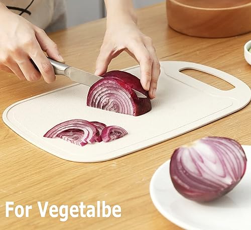 Miniatura 4 de Juego de 3 tablas de cortar de cocina pequeñas, tablas de cortar de plástico con paja de trigo, aptas para lavavajillas, ranuras para jugos, tablas