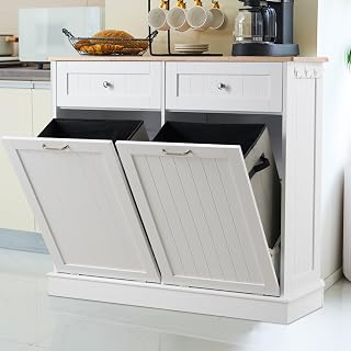 Double Tilt Out Trash Cabinet Pet Proof Recycling Garbage Can Cabinet Freestanding Garbage Can Holder for Kitchen, Living Room, Bathroom (White)