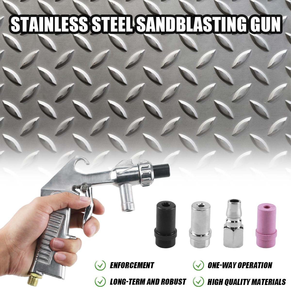 Pistola Sabbiatrice per Compressore, Sandblaster Set Portatile, con Tubo in Gomma (1 m), ugello in metallo e Ugelli in Ceramica un Raccordo ad aria, per Lucidatura Superficiale