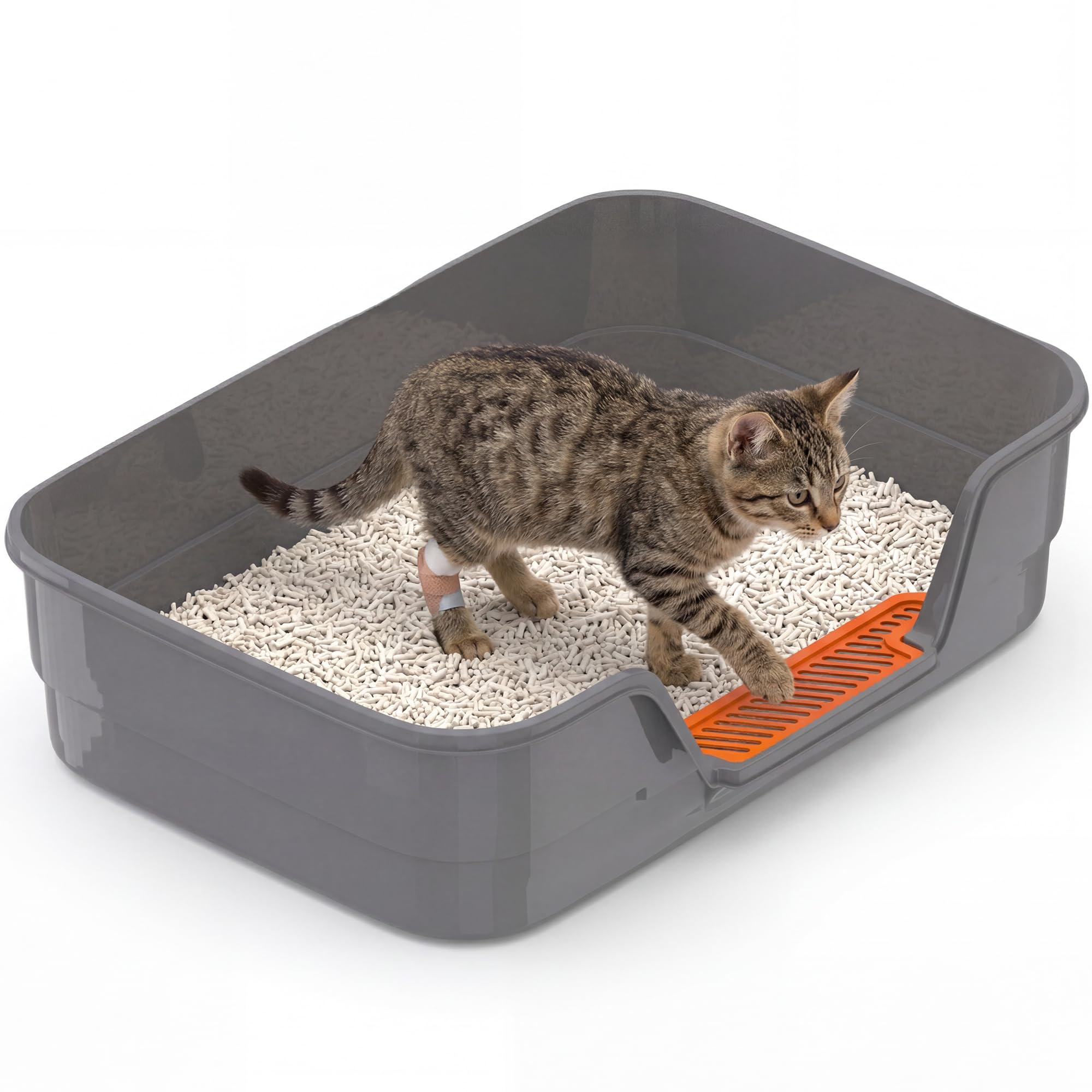 Suhaco Large Cat Litter Tray with High Sides & Low Entry Spacious 60x40x16CM Open Design for Elderly Cats & Kittens Easy Clean Cat Litter Box(Gray)
