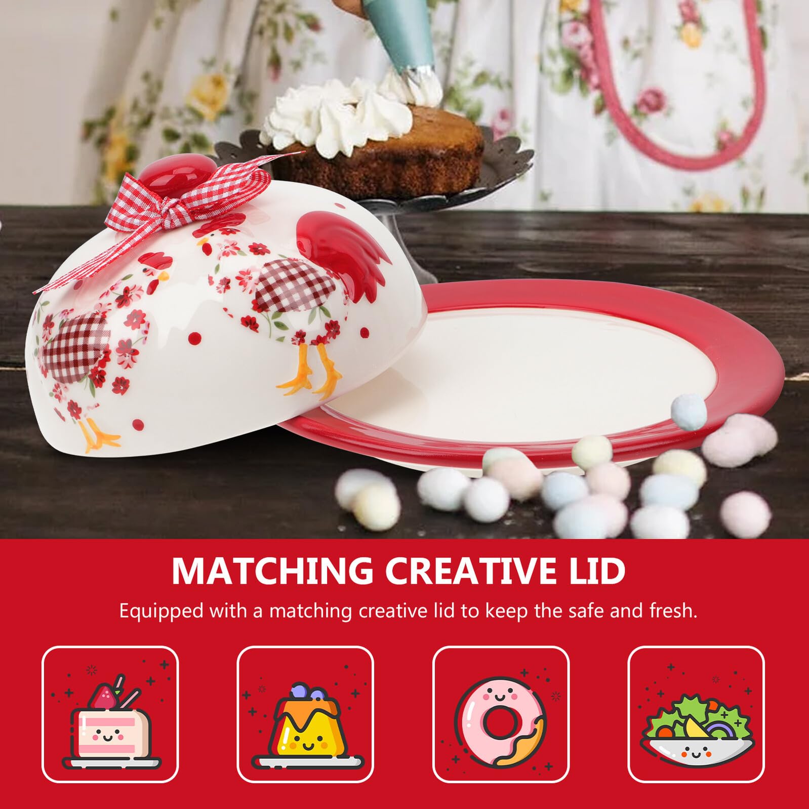 SEWACC Beurrier en Céramique Rouge à Motifs Floraux en Relief Plat à Fromage Créatif pour Beurre et Dessert Récipient Pratique pour Occasions Familiales et Fêtes