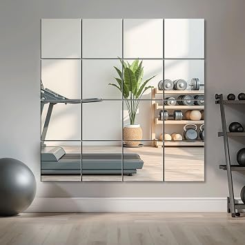 Delma Home Gym Mirrors, 12'' x 12'' Glass Mirror Tiles (16 PCS), Square Large Wall Mirror for Home Gym, Bedroom, Door,Bathroom, Frameless Mirror Sets