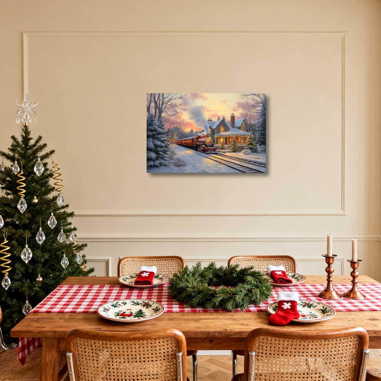 XLMDYYSW Christmas Red Train Wall Art Winter Steam Train Pictures Cabin Snowy Scenery Painting Christmas Trees Canvas Print Living Room Bedroom Decor Framed (28.00" x 42.00")