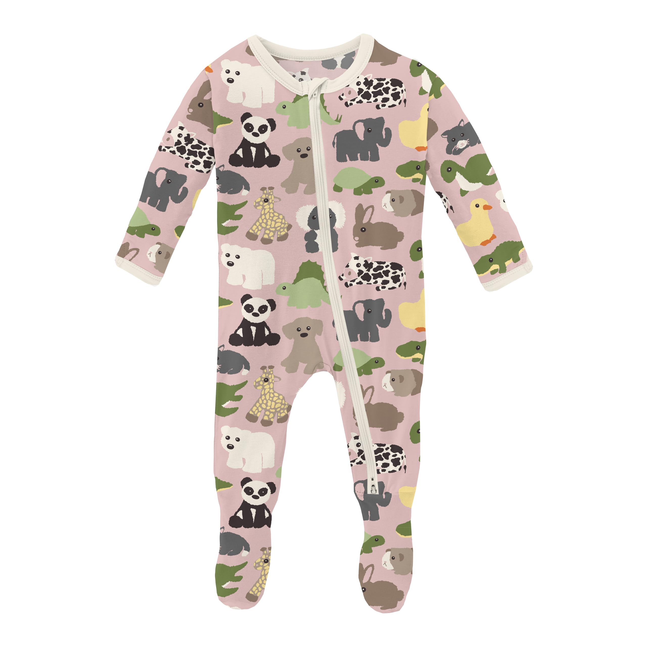 KicKee Print Footie with Zipper, Fitted Long Sleeve Pajamas, Ultra Soft Everyday One-Piece Loungewear, 90s (Baby Rose Too Many Stuffies - 9-12 Months)