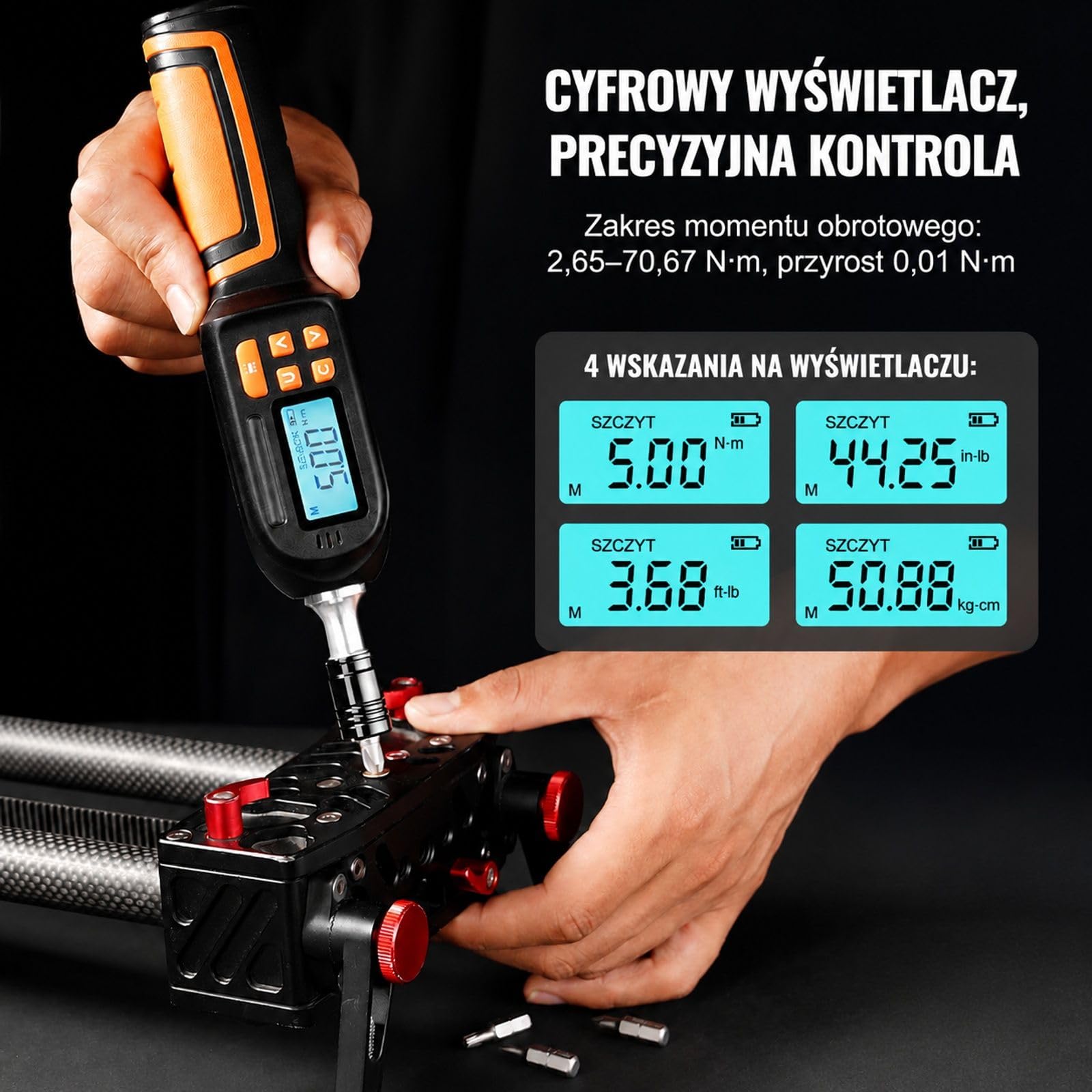 Zestaw cyfrowego wkrętaka dynamometrycznego, napęd 1/4 cala, zakres 0,3-8 Nm, ekran LCD, pręt przedłużający, szybkie zwalnianie i bity do montażu