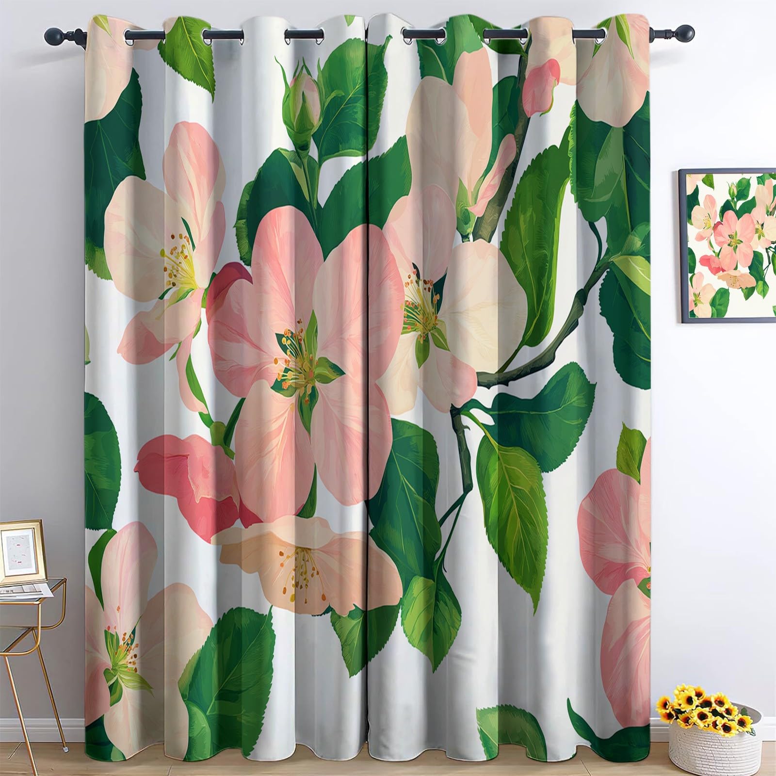 Zasłony zaciemniające, rośliny i kwiaty, termiczne, ochrona przed zimnem, ochrona przed hałasem, nieprzejrzyste, do sypialni, 245 x 140 cm, różowe, zestaw 2 sztuk