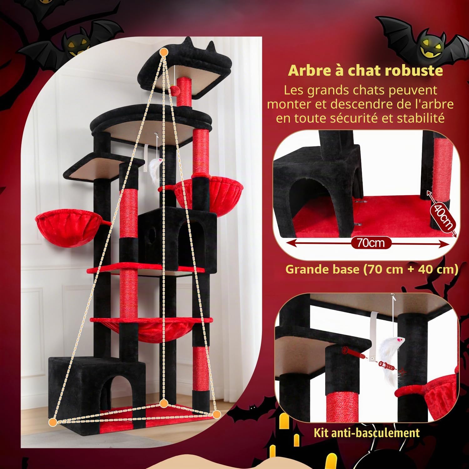 Globlazer Arbre a Chat Noir Rouge XXL 193 cm avec 2 Grande Niches, Immenso Hamac, Vaste Plate-Forme, 2 Panier, Perchoirs, Énorme Gothique Arbres à Chats Stable pour 3-5 Gros Chats (S76B, Noir Rouge)