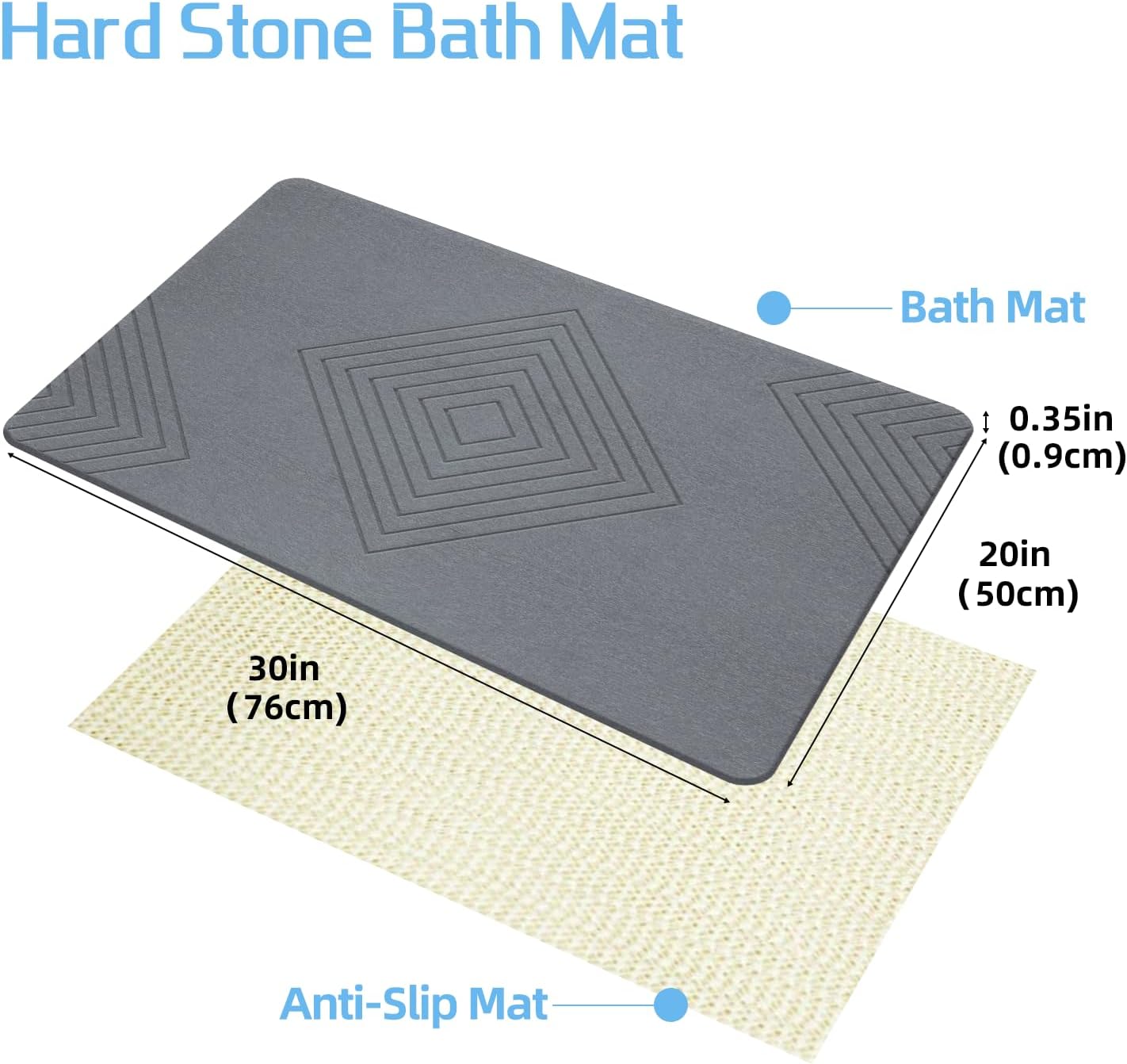 Stone Bath Mat, Large Bath Rug Diatomaceous Earth Shower Mat, Drying Hard Bathroom Mat, Non-Slip Super Absorbent Stone Bath Mats for Bathroom Shower Floor 30"x20"