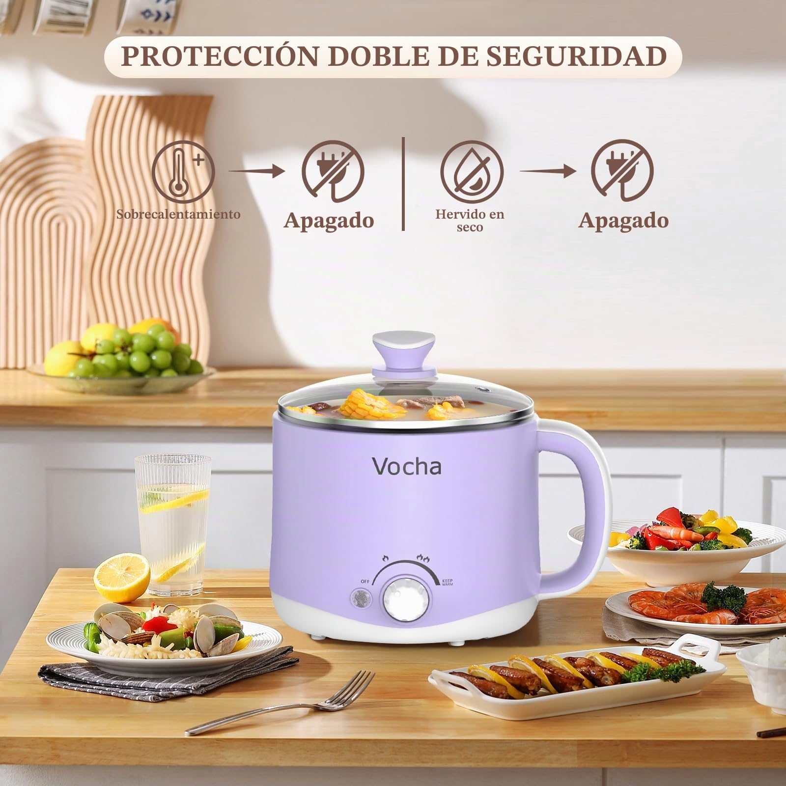 Vocha Olla Eléctrica Recta Pequeña, 1.6L Olla de Cocina Portátil de Antiadherente con Mantener la Función Caliente, 250W/600W Olla de Viaje Multifunción para Sopa/Ramen/Pasta/Huevo/Verdura-Púrpura