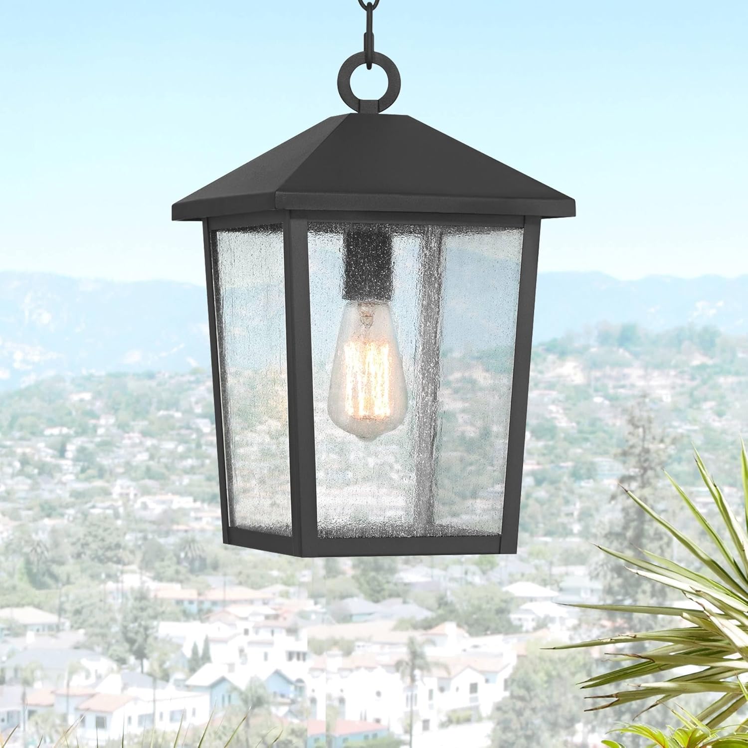 John Timberland Westmont 15 3/4" High Modern Marine Grade Outdoor Pendant Light Fixture Ceiling Porch House Exterior Outside Lantern Hanging Weatherproof Sand Black Aluminum Seeded Glass Shade