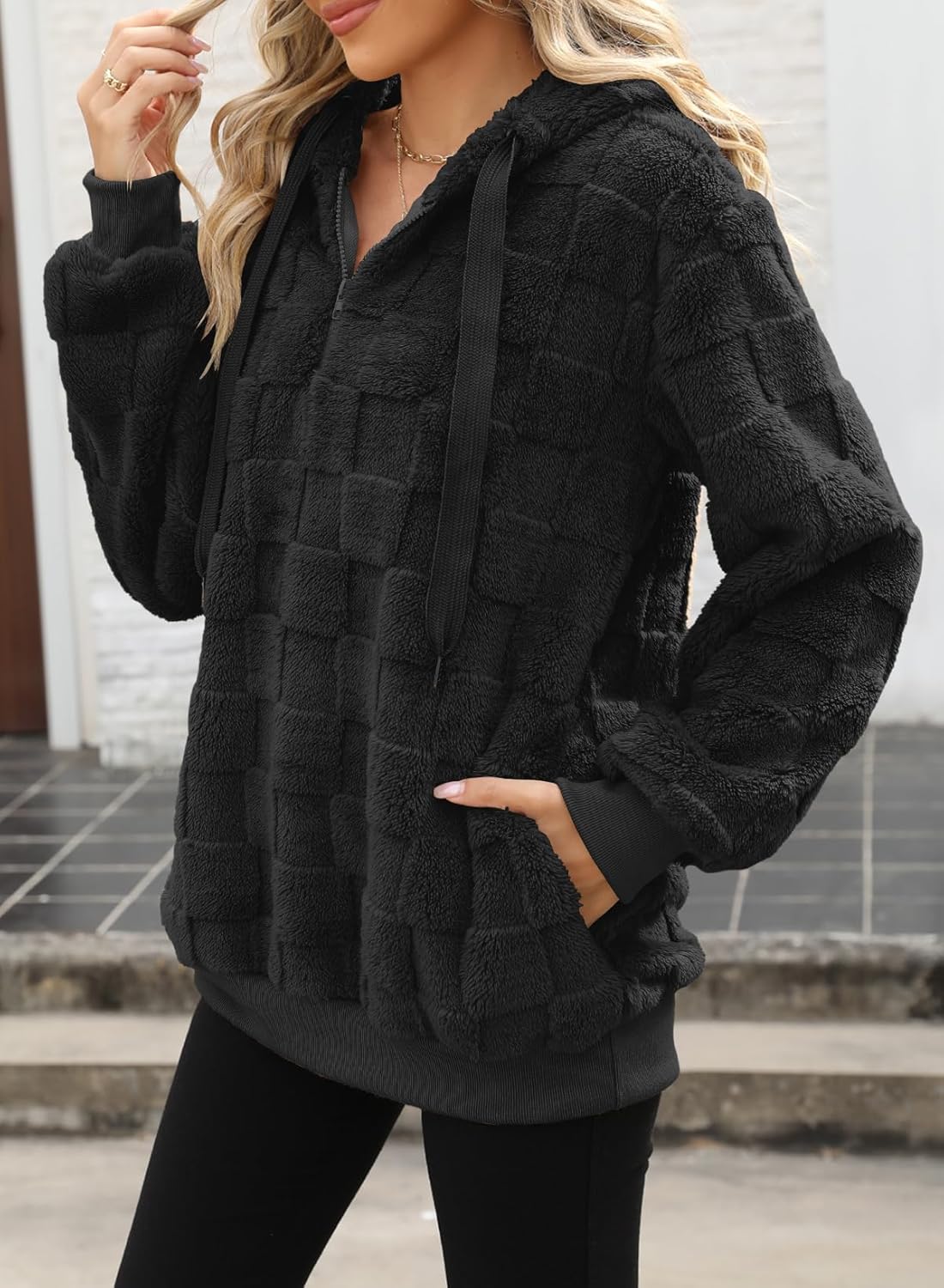 Nirovien Womens Sherpa Pullover Oversized Fuzzy Hoodie Double Fleece Sweatshirts Fluffy Plaid Outerwear Warm Coats - Image 2