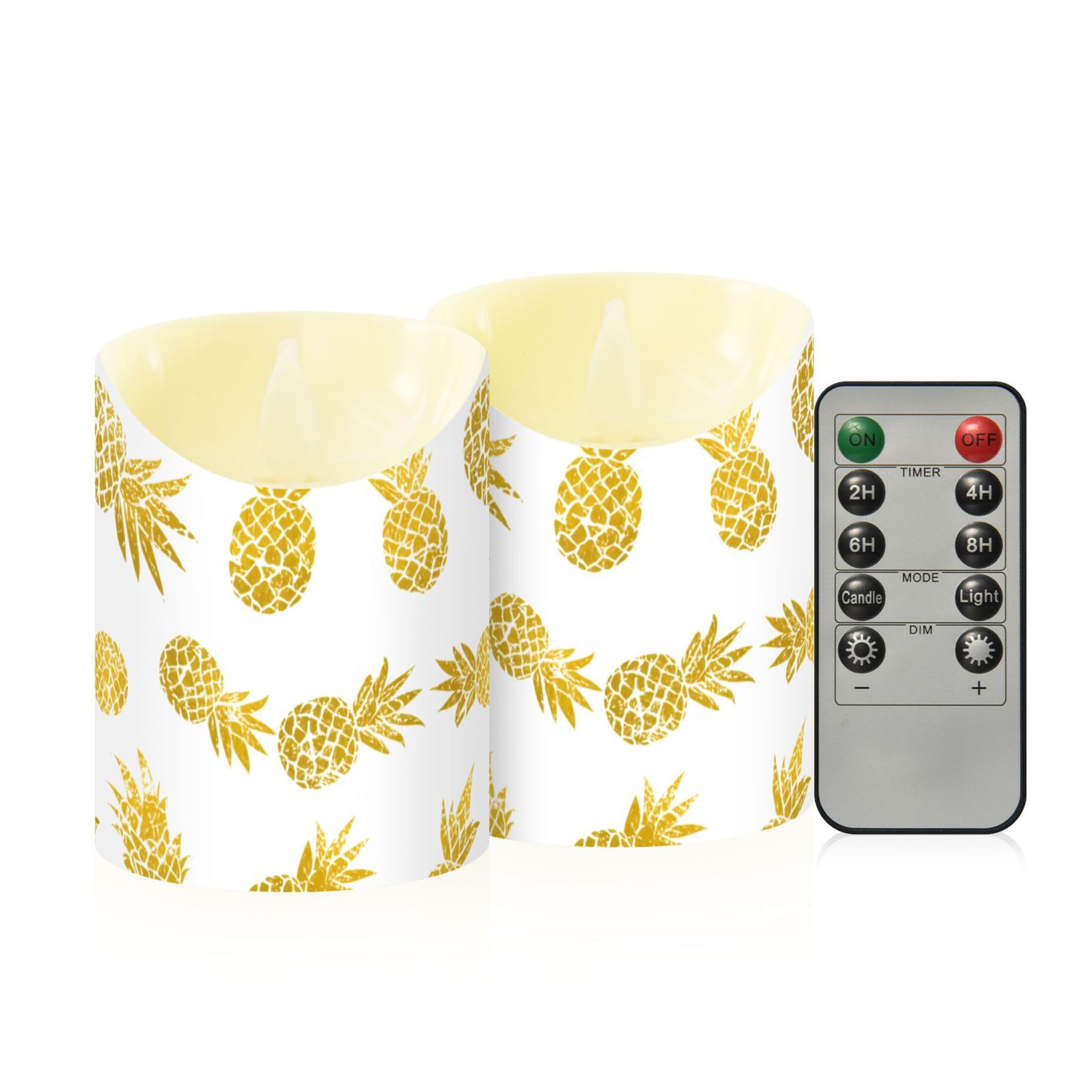 Sevdomey Golden Pineapples Flameless Candles with Remote Control, Realistic Flame Candles, 24H Timer Battery Operated LED Battery Candles for Home Decor