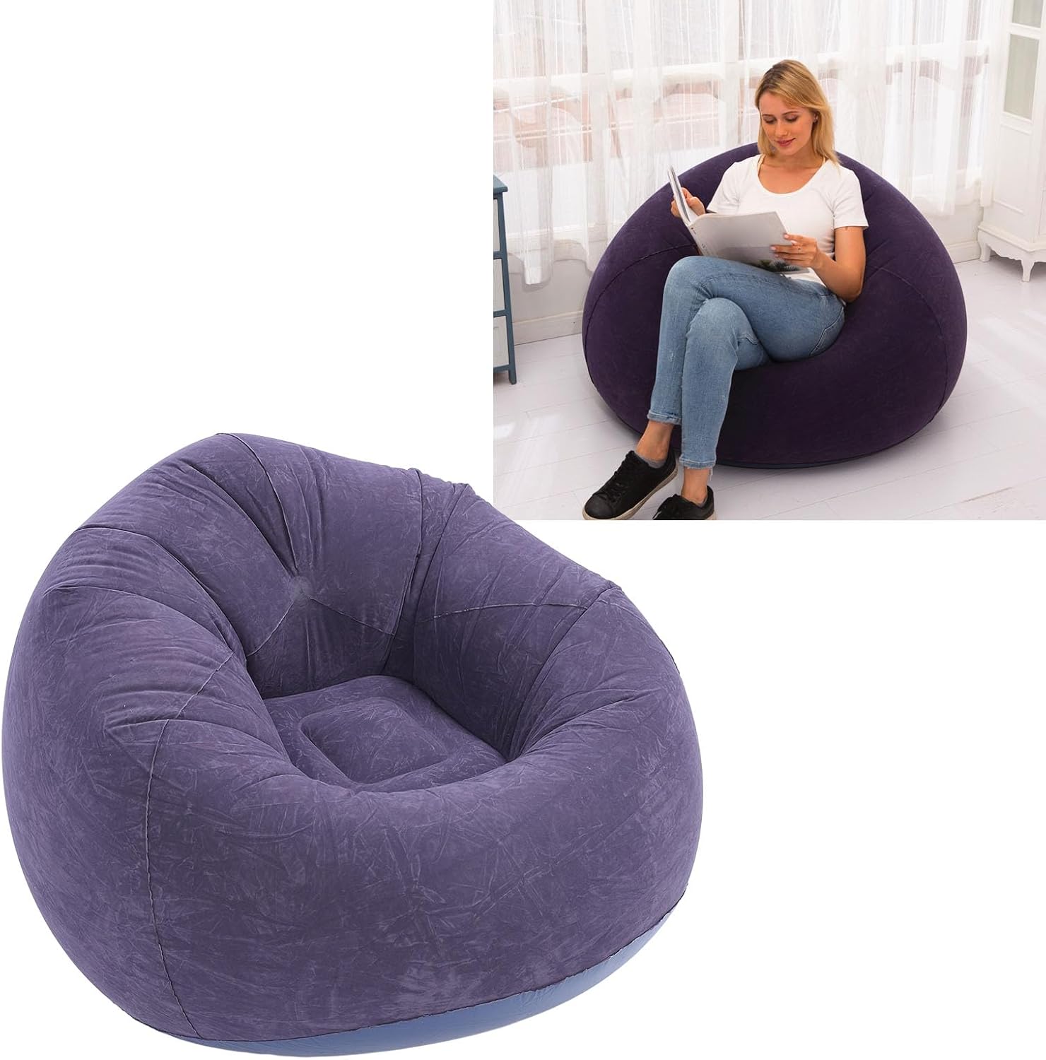 Fdit Portable Folding Inflatable Lounge Chair Sofa with Flocking PVC, Lightweight Blow Up Design for Travel, Living Room, Bedroom, Balcony & Office (Dark Blue)