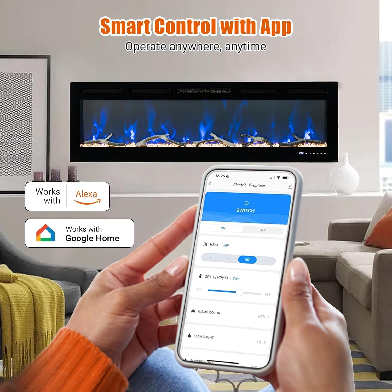 Smartphone screen showing the smart app interface for controlling the electric fireplace, compatible with Alexa and Google Home.