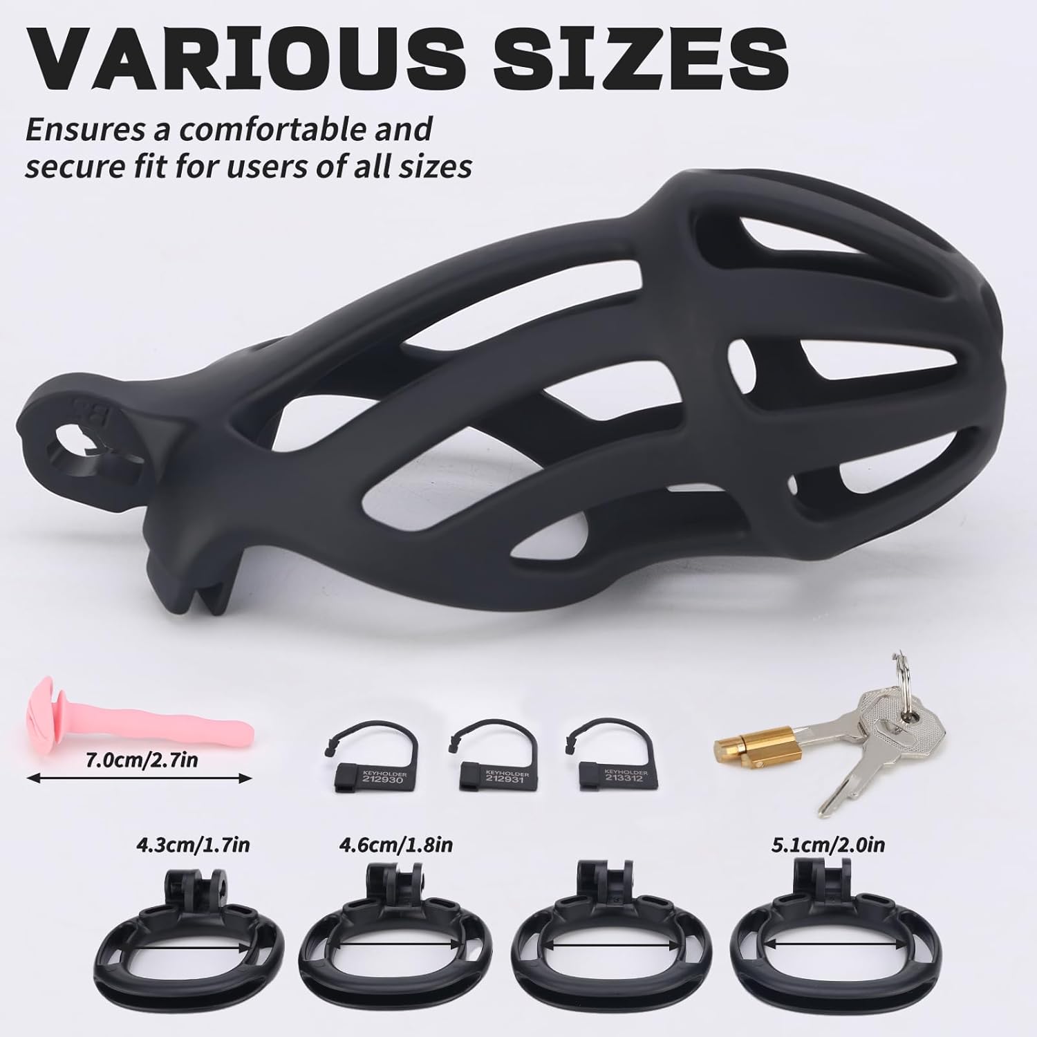 Male Chastity Cage with Belt, Large Chastity Device with 5 Sizes Rings and Invisible Lock for Man Penis Exercise Bondage Gear & Accessories Lightweight Adult Sex Toys(2D-Black)