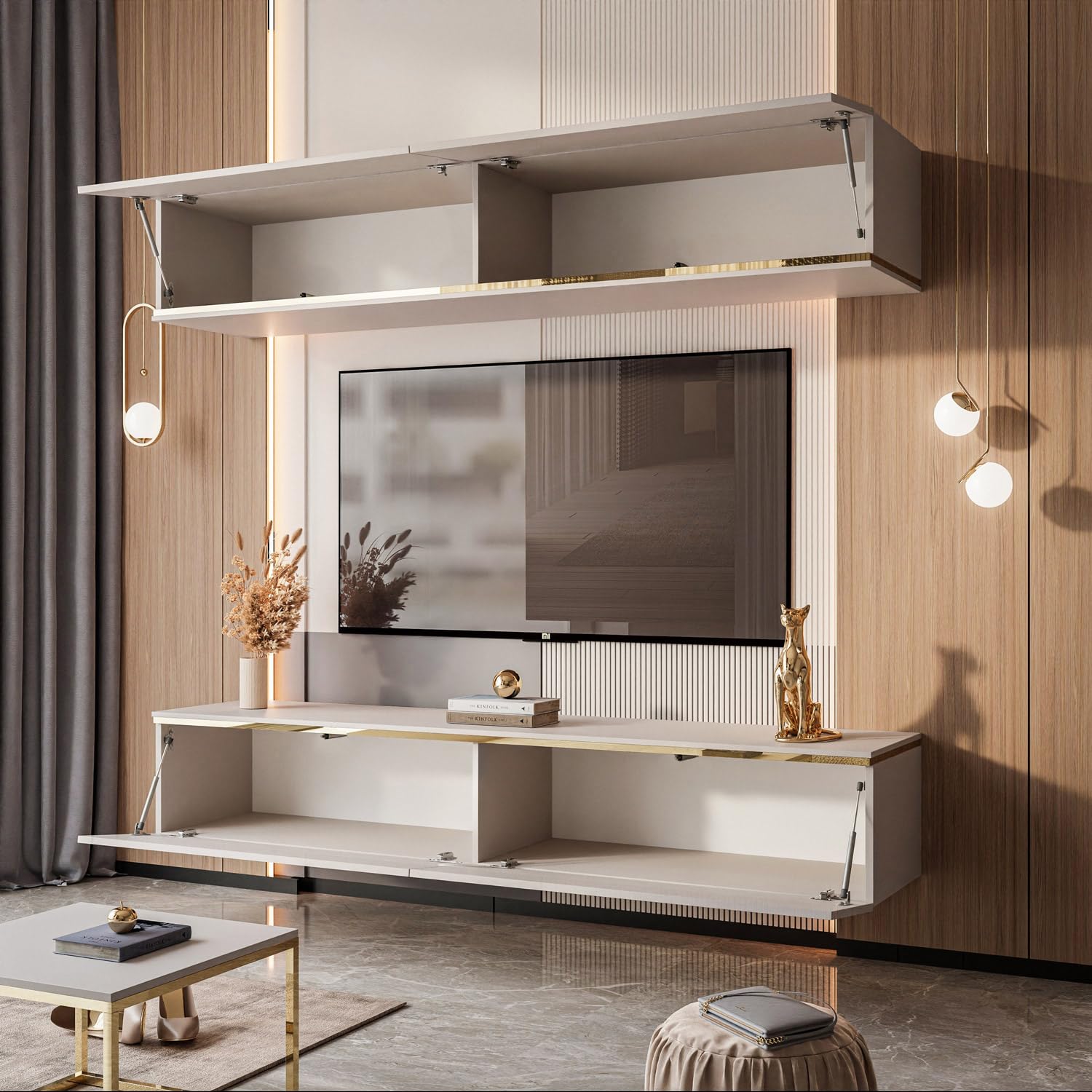 Lookway Hängende Wohnwand Aurora Kaschmir mit Goldener Dekorativer Leiste, LED-Option zur Wahl Modernes Wohnzimmermöbel (mit LED Beleuchtung)