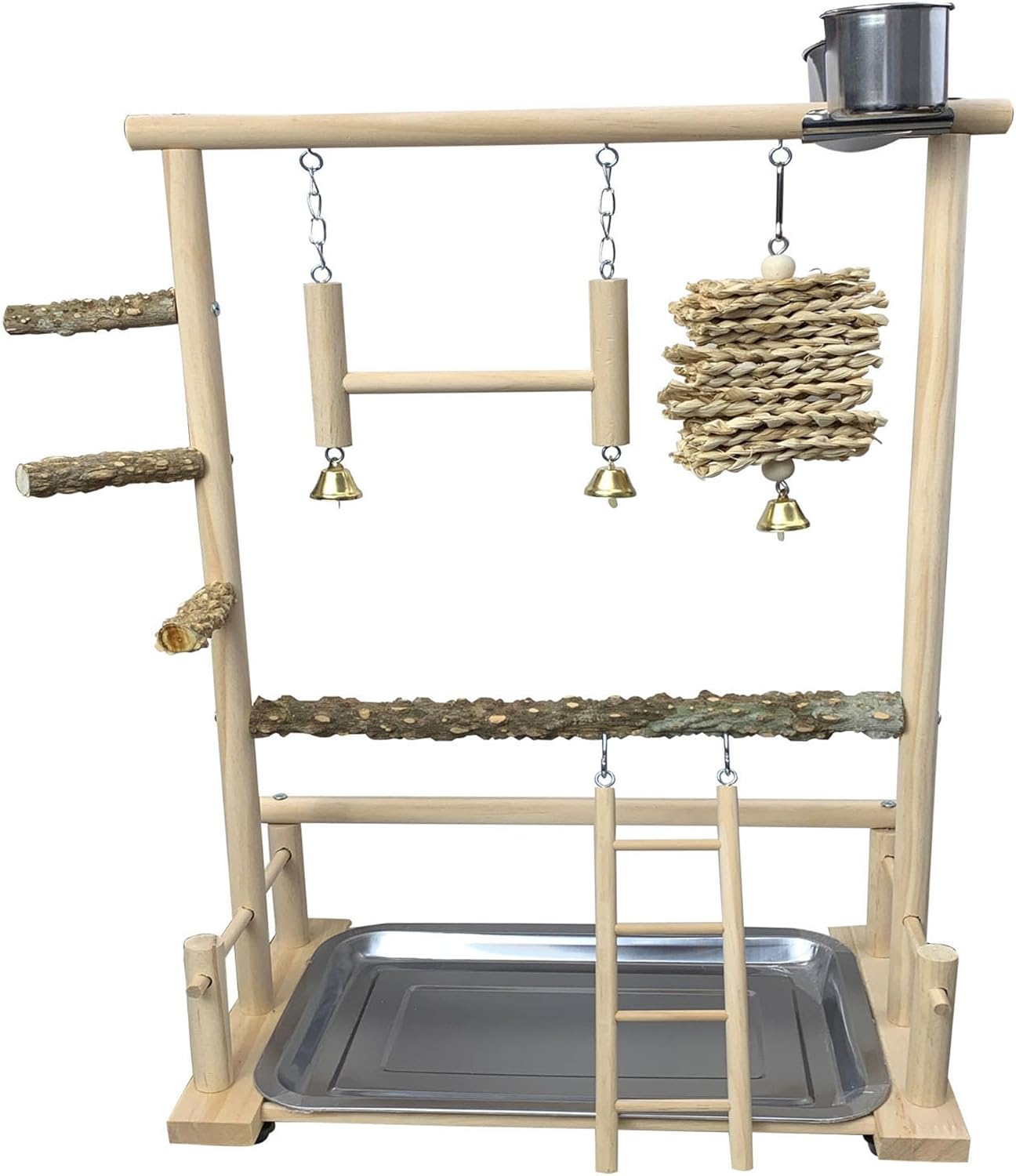 Bird Playground Parrot Perch Stand Toys Wood Birds Play Gym Activity Center Exercise Playpen Ladder Swing with Feeder Cups Chewing Toy Removable Tray for Parakeet Conure Lovebird Cockatiel