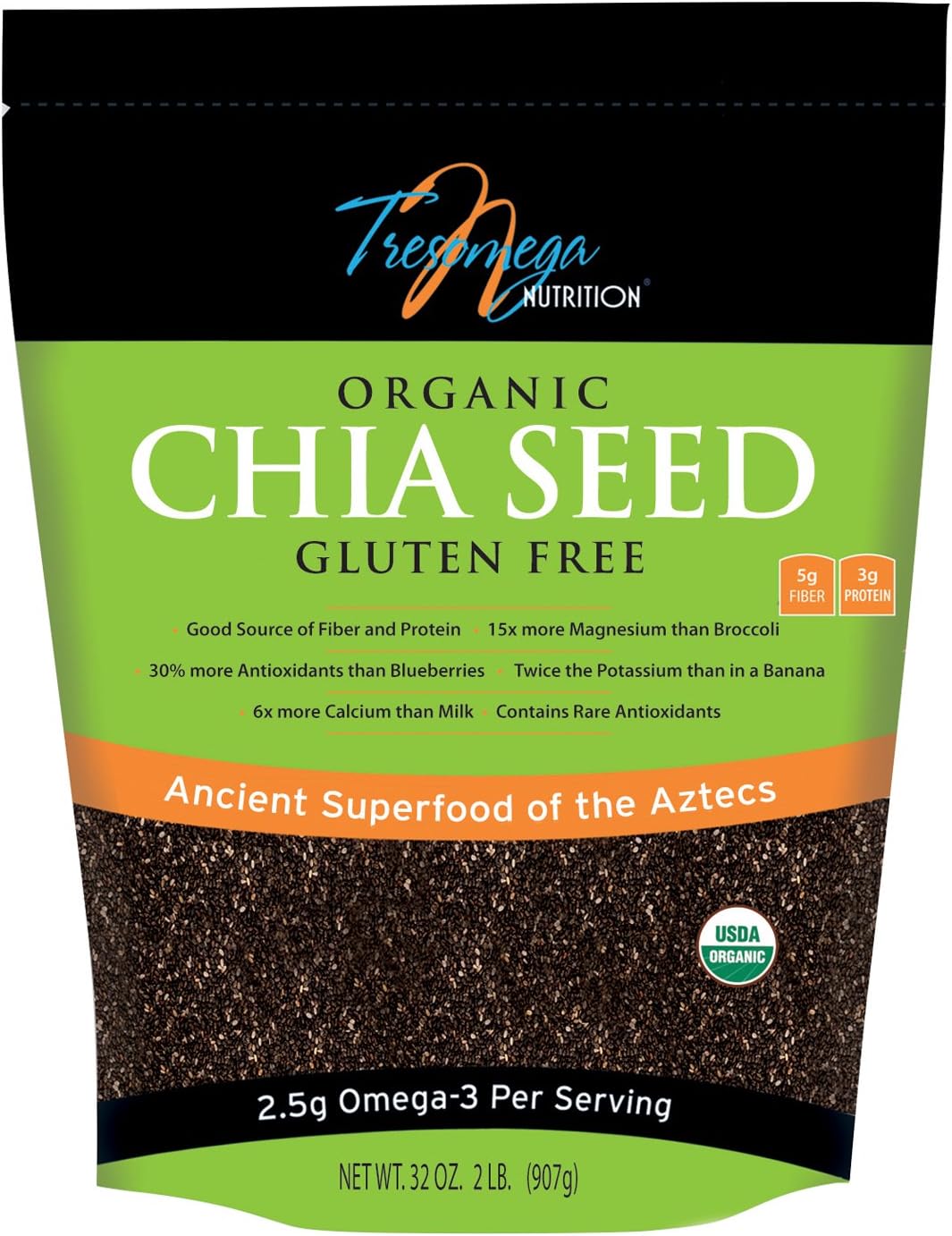 Tresomega Nutrition Organic Black Chia Seed, 2 Pound