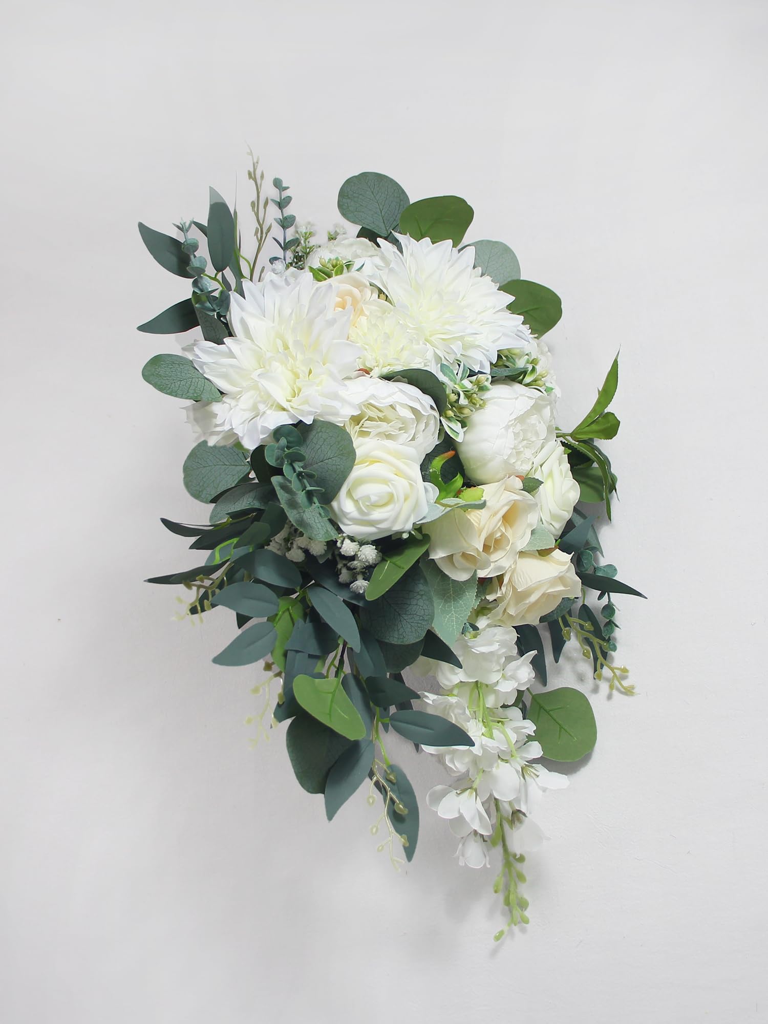 Rinlong Weißer grüner Kaskadenstrauß Hochzeitssträuße für die Braut, kaskadierender Hochzeitsstrauß, Brautstrauß, künstliche Blumen