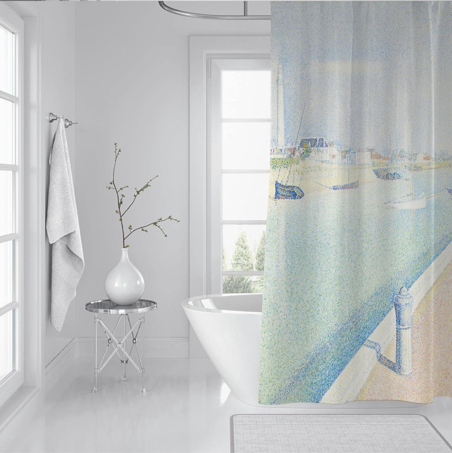 Georges Seurat Artwork Shower Curtain Pier Landscape Shower Curtain Liner Bathroom Decor Waterproof Fabric Shower Curtain Set with Hooks W72 x L72(in)