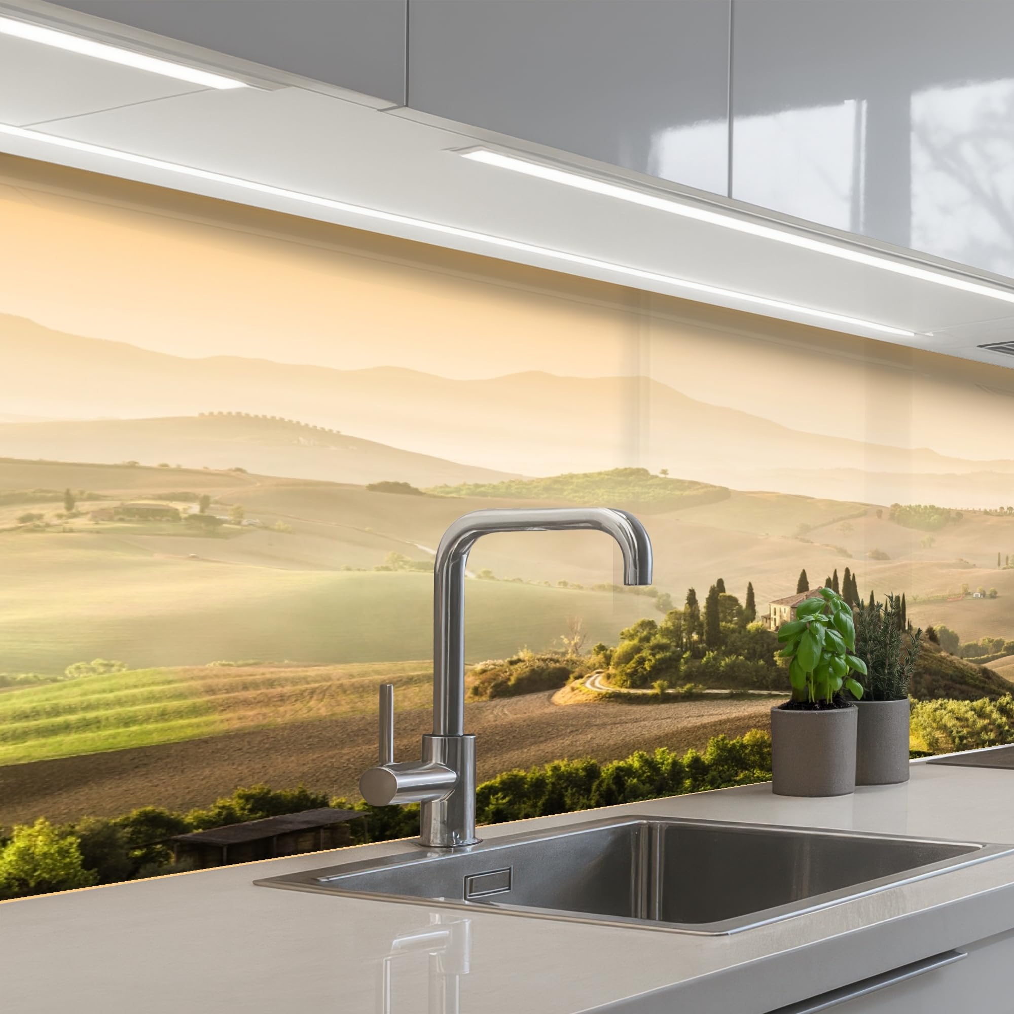KitchenYeah© Credence Cuisine Sur Mesure 60x150 cm Plaque Adhesive Murale Panneau Decoratif Interieur Peel And Stick Mural Protection Mur Paysage - Toscane - Lumière Du Matin