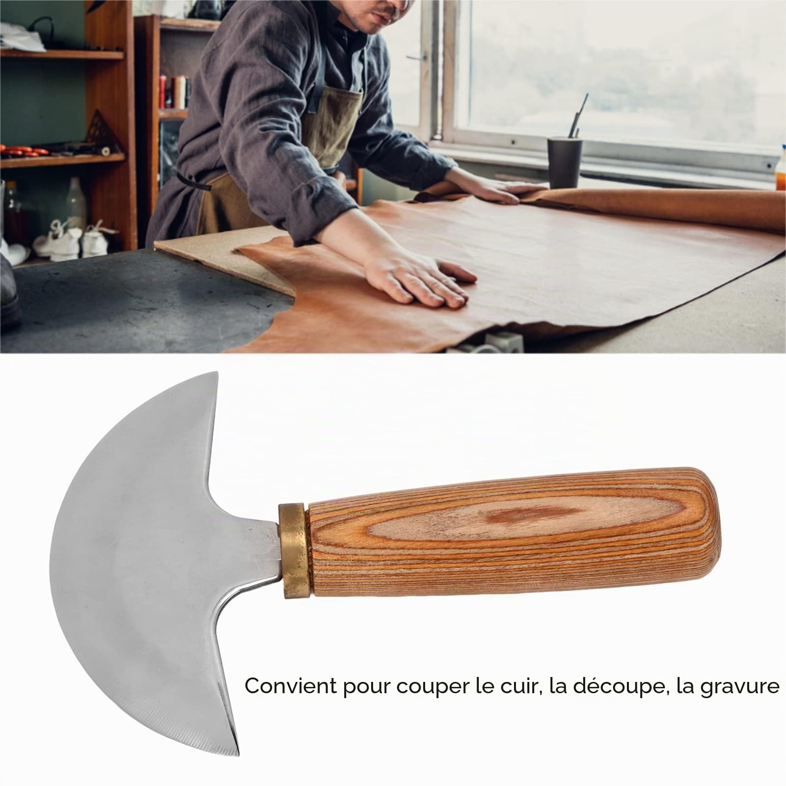 Couteau à Tête Ronde en Cuir, Couteau Rond en Cuir Demi-Lune en Acier à Haute Teneur en Carbone avec Manche en Bois de Noyer, Couteau Rond en Cuir pour Travaux Manuels en Cuir