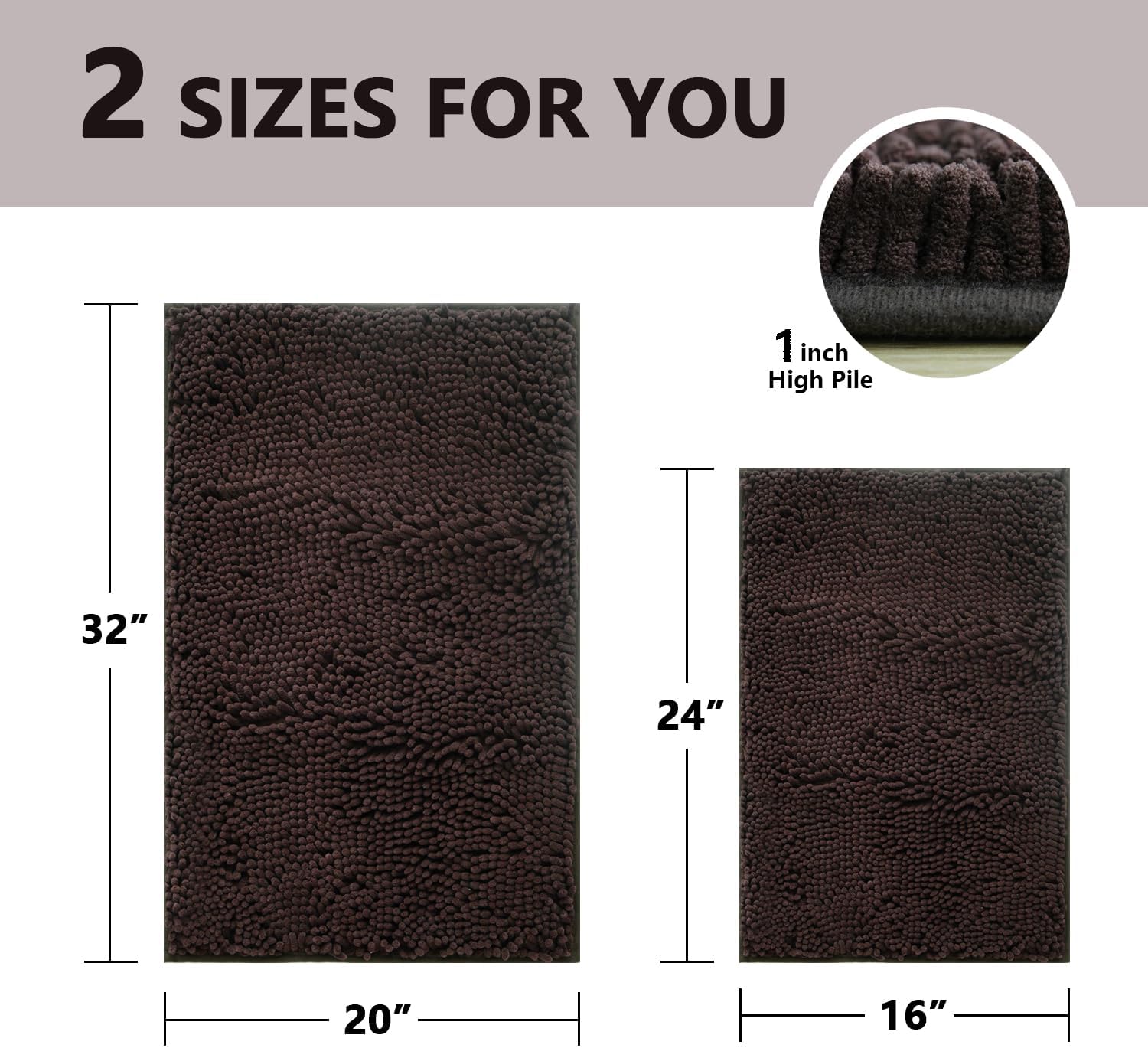 Bathroom Rugs Sets 2 Piece, Extra Soft Chenille Bath Mat Ultra Absorbent Bathroom Rug, Bathroom Mat with Sturdy PVC Non-Slip Bottom, Machine Washable Bath Rugs (20x32 Inch + 16x24 Inch, Coffee) - Image 2