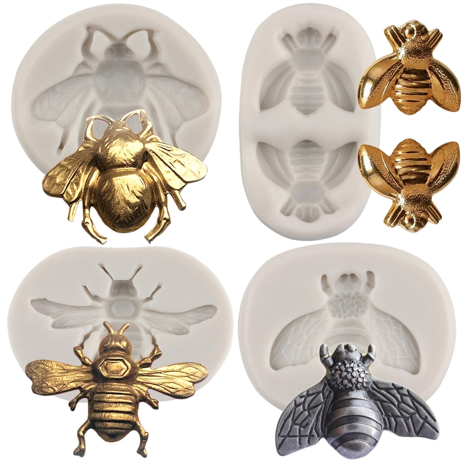 MYPRACS Bumble Bee Silicone Fondant Moulds for Cupcake Topper Cake Decorating Candy Chocolate Polymer Clay Gum Paste Set of 4