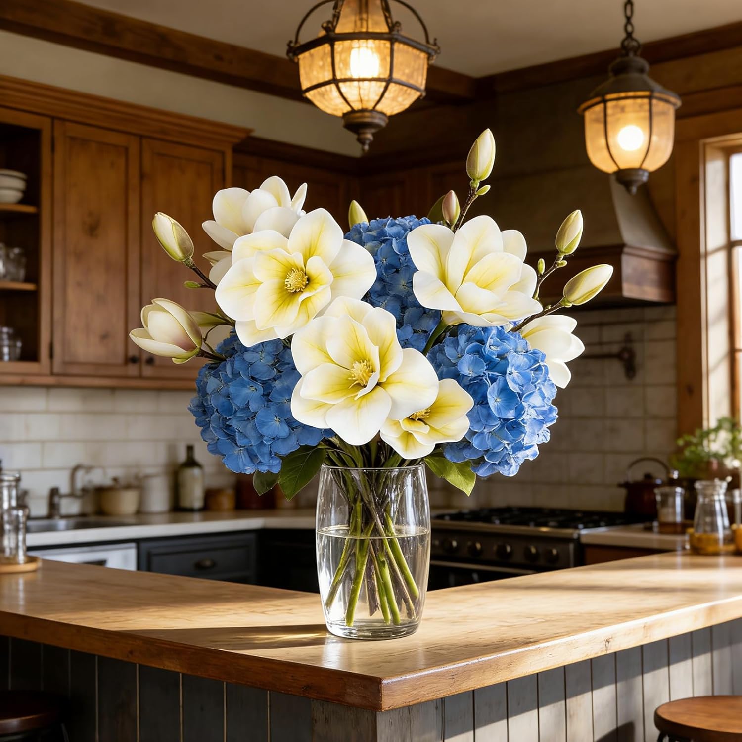 2PCS Artificial Magnolia Flowers 21.6inch Real Touch Faux Magnolias 14 Heads Fake Magnolia Flower Bouquet for Home Office Wedding Party Table Centerpiece Indoor Outdoor Decor（White)
