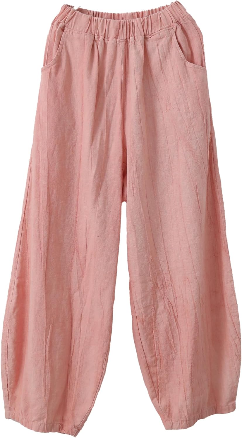 Women's Wide Leg Casual Trousers Pants, Ramie Cotton Blend, Elastic Waist, Vintage Boho Loose Pants for Spring Summer Fall
