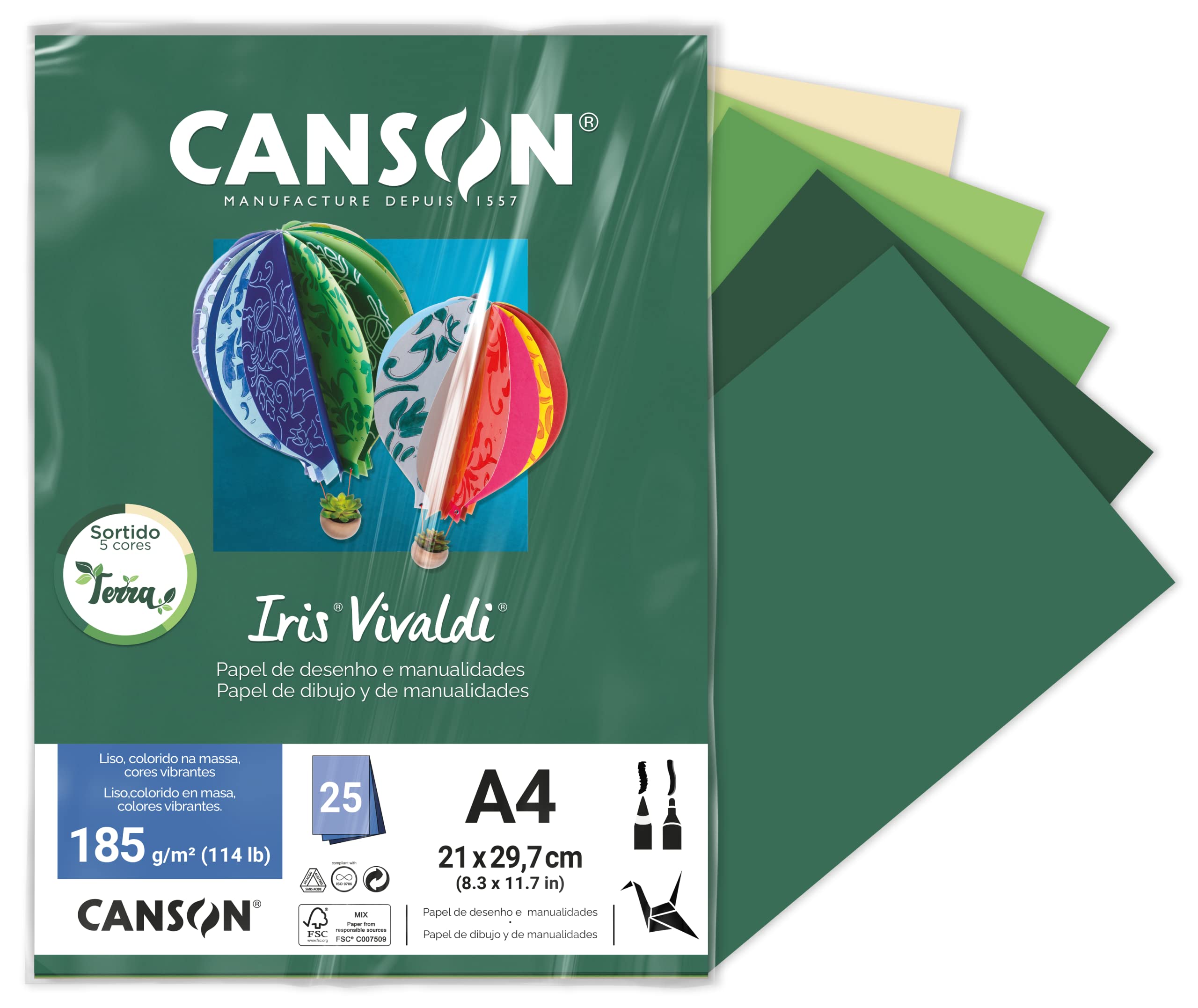 Canson Iris Vivaldi Farbpapier – DIN A3, 185 G/m², 25 Blatt In 5 Farben – Ideal Für Kunst, Druck & Basteln