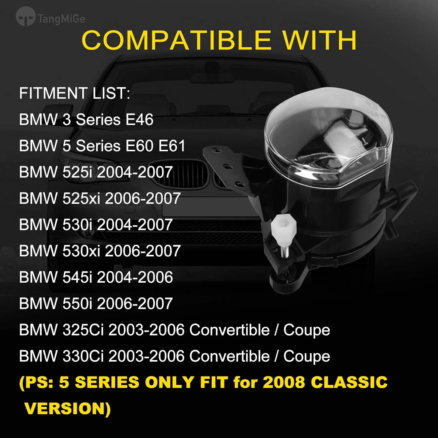 TangMiGe Fog Lights Lamps Assembly for 2003-2008 BMW 5 Series(E60 E61, 525i 525xi 530i 530xi 545i 550i) / 3 Series(E46, 325Ci 330Ci Convertible/Coupe), with Bulbs 9006 12V 55W, 1 Pair, Clear Lens