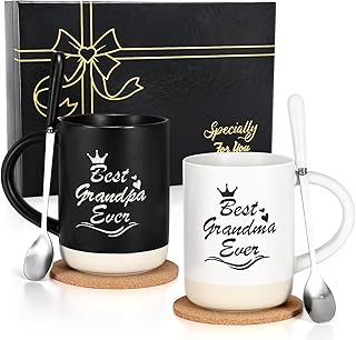Cabtnca Gifts for Grandparents, Best Grandma and Grandpa Ever Mug Set, Christmas Grandparents Gifts for Grandma Grandpa from Granddaughter Grandkids, Grandparent Day Gift, 16 Oz Black & White