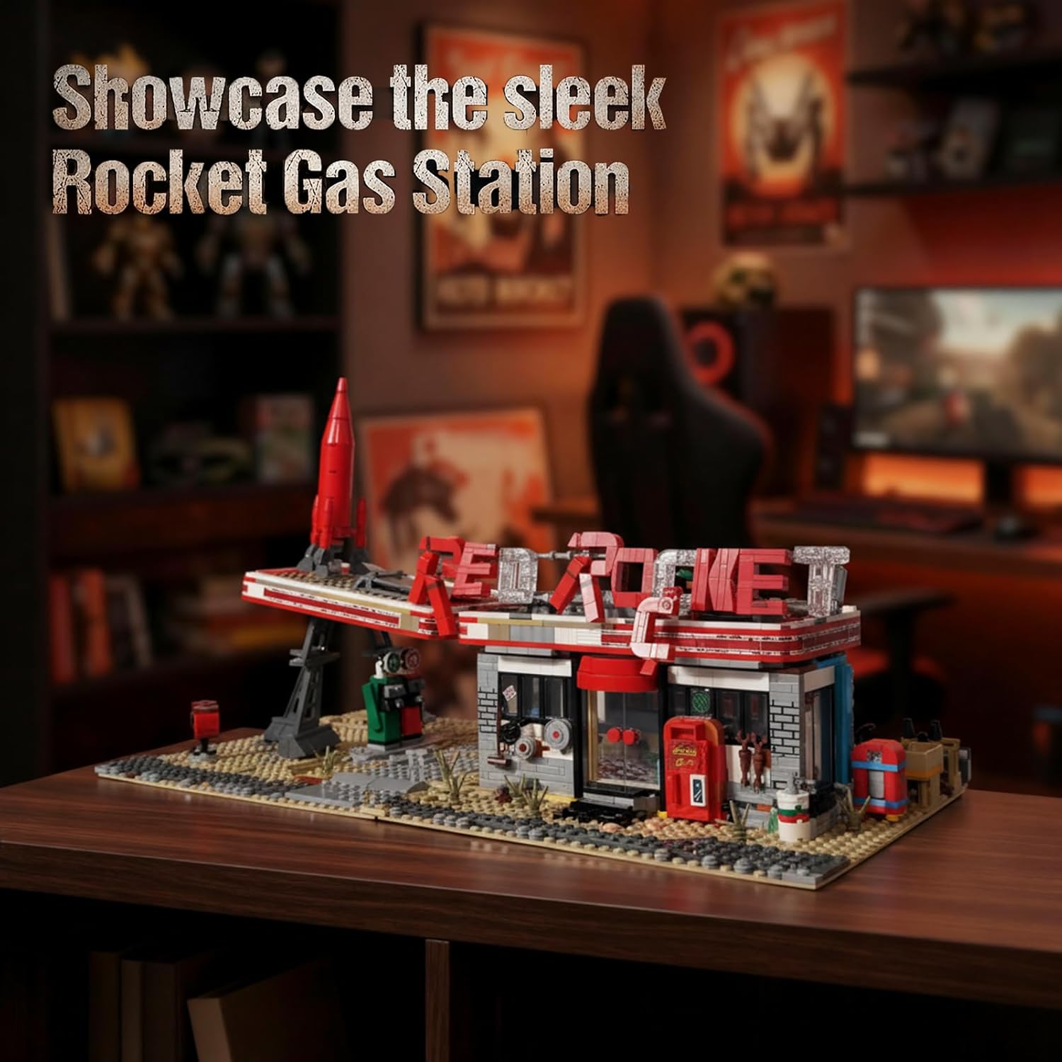 Red Rocket Gas Station Building Sets for Adults, Store Modular Building Architecture with Figures, Collectibles Toys Ideal Gifts & Christmas Home Decor for Game Fans (2267 Pcs)
