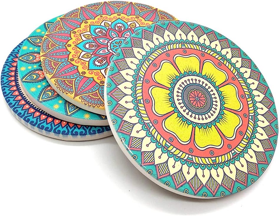 Absorbent Ceramic Coasters Mats with Cork Base for Drinks, Gin, Pack of 4 Stone Coaster Set for Mugs and Cups (Bohemia Style) (style1)