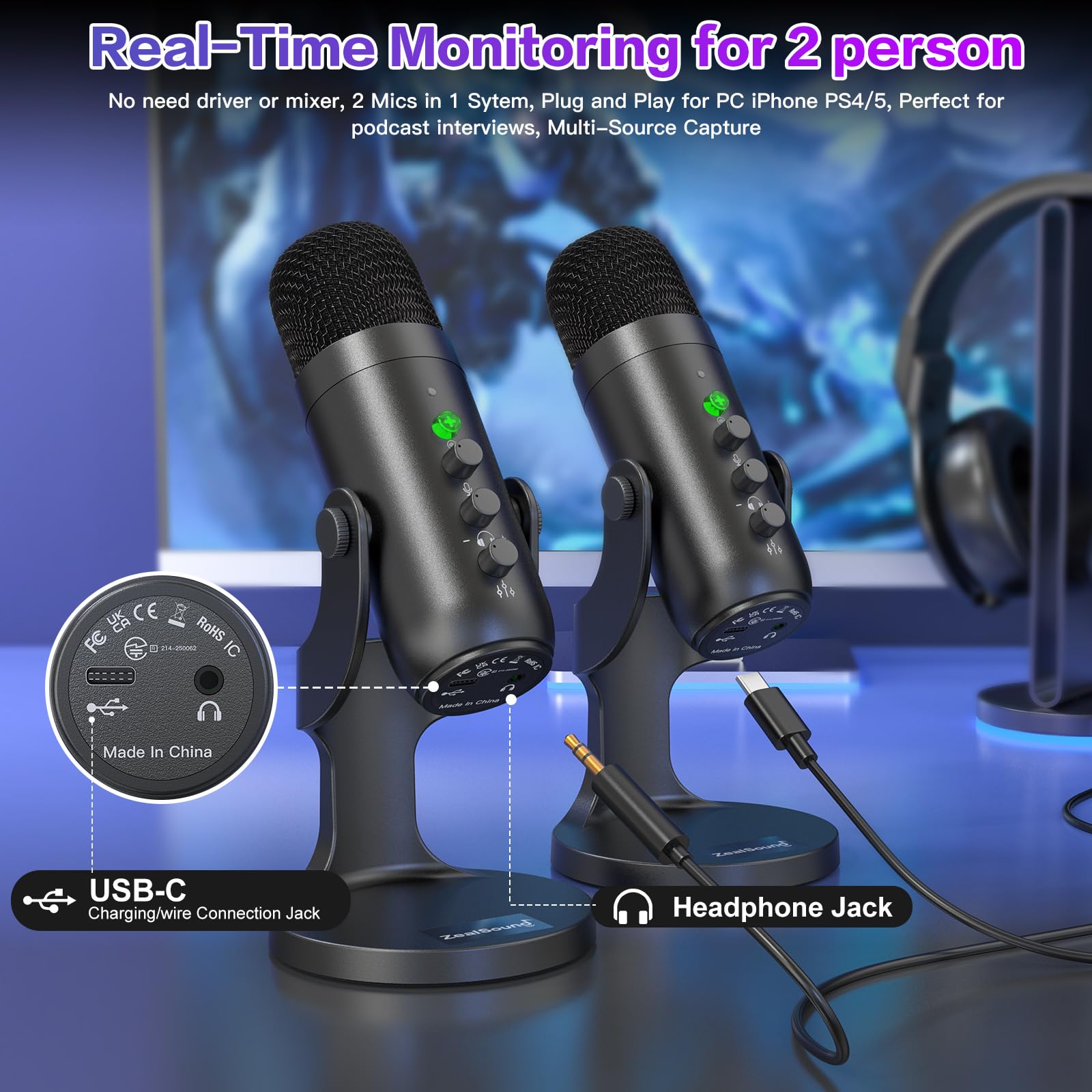 zealsound Profesjonalny zestaw mikrofonów pojemnościowych USB, dwupak, czarny