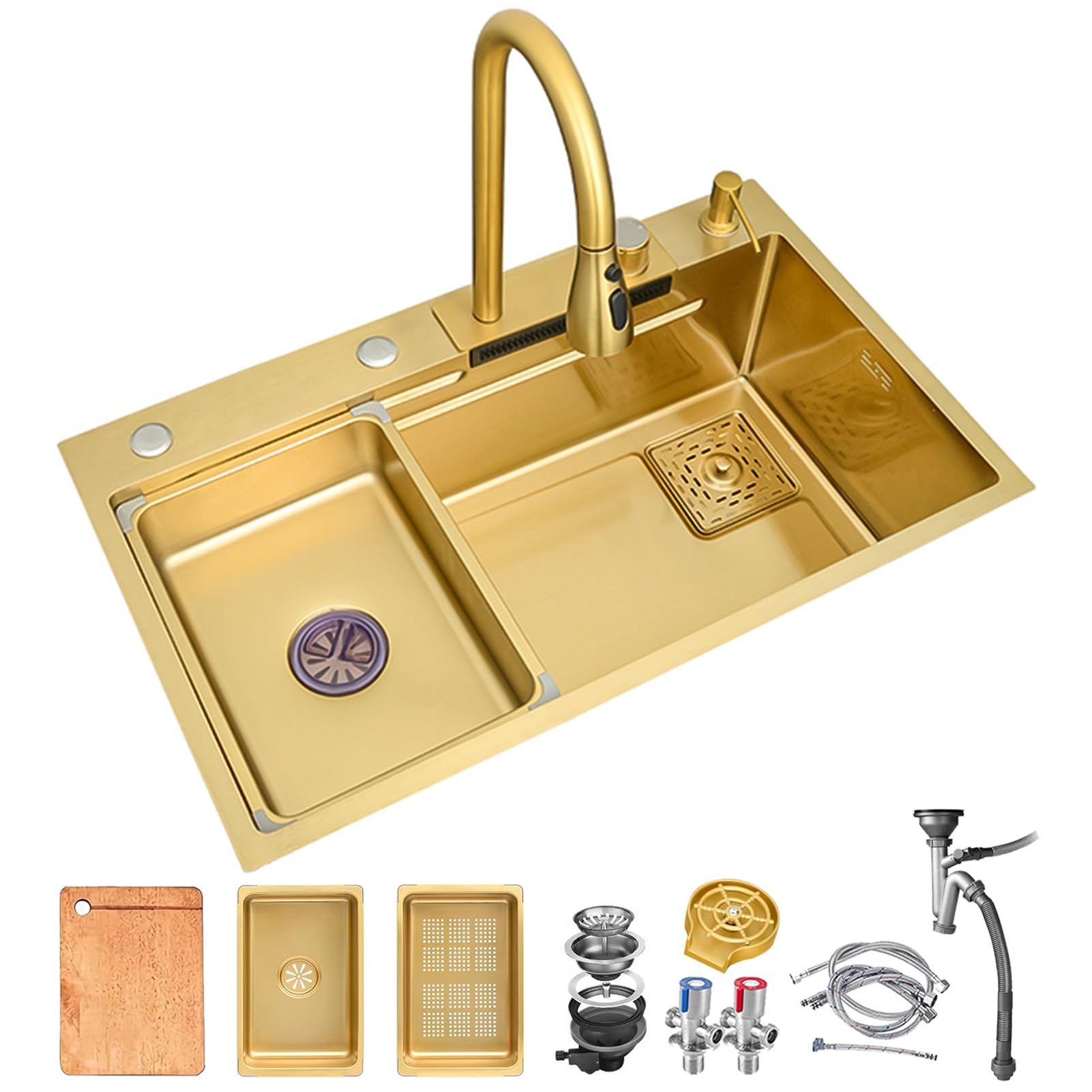 ZQFHSX Waterfall Sink in Gold, Multifunctional Kitchen 304 Stainless Steel Sink, with Gold Faucet and Miscellaneous Accessories (Color : Size 80x45cm)