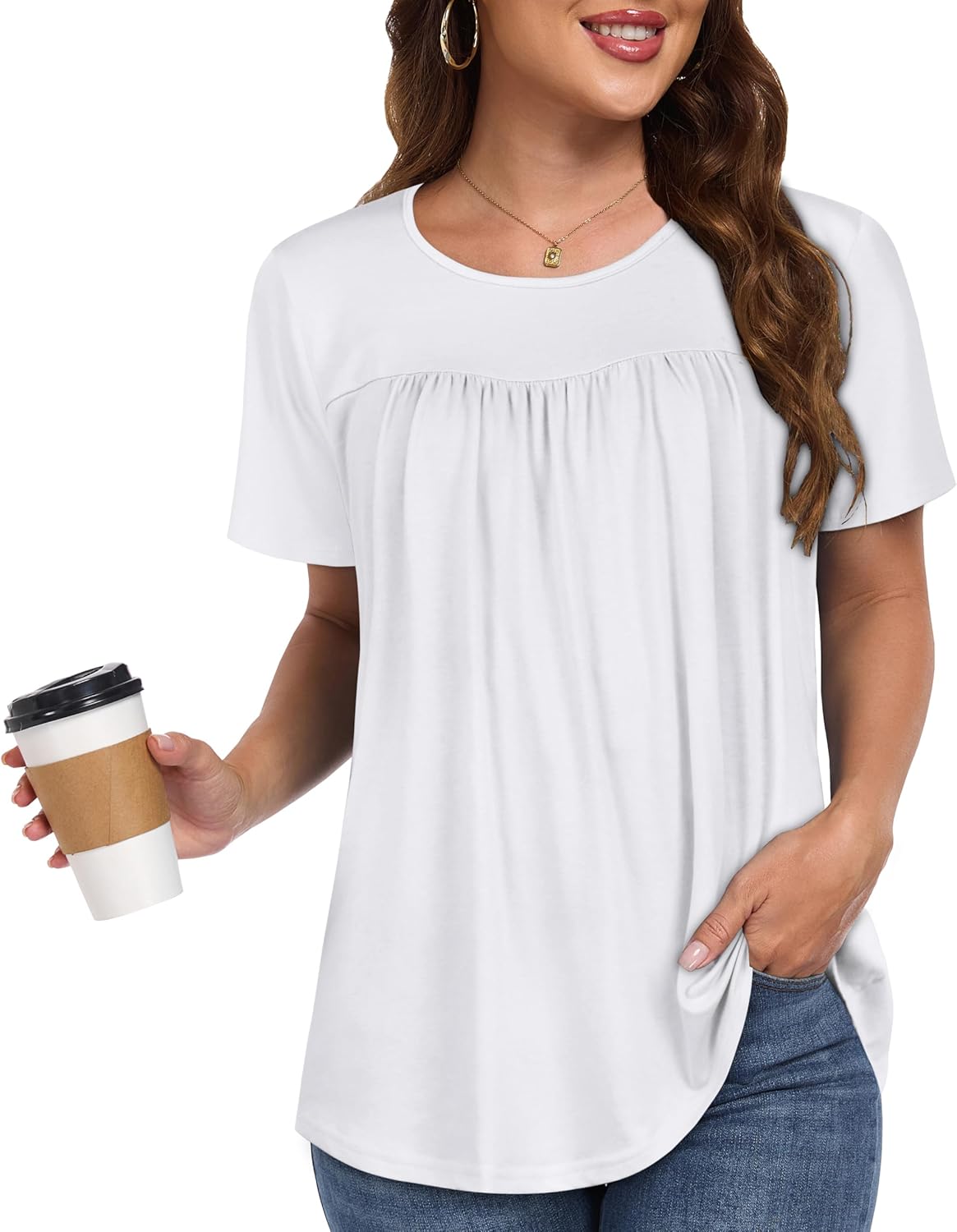 Womens T Shirts Short Sleeve Tops Casual Pleated Front Blouses Flowy Scooped Neck Summer Outfits - Image 3