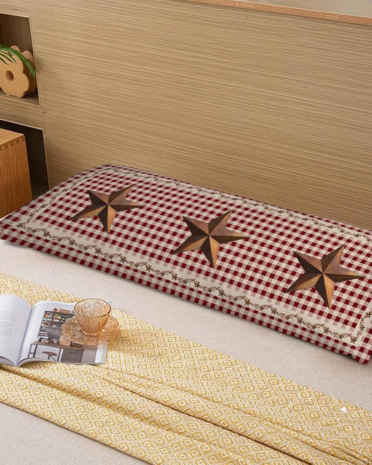 Brown Western Texas Star Vintage Body Pillow Cover 20 x 60 Inch Decorative Pillow Cover Rustic Farmhouse Red Plaid Lumbar Pillowcase Seasonal Rectangle Cushion Case for Couch Sofa Bed Living Room