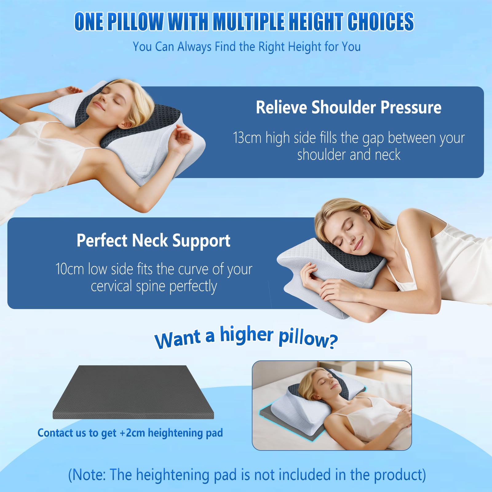 SAHEYER Oreiller Ergonomique Cervical, 2 en 1 Oreiller Memoire Forme pour la Nuque, Coussin pour Dormir sur Le côté, Le Dos et Le Ventre, 60x35,5x13/10 CM, Gris