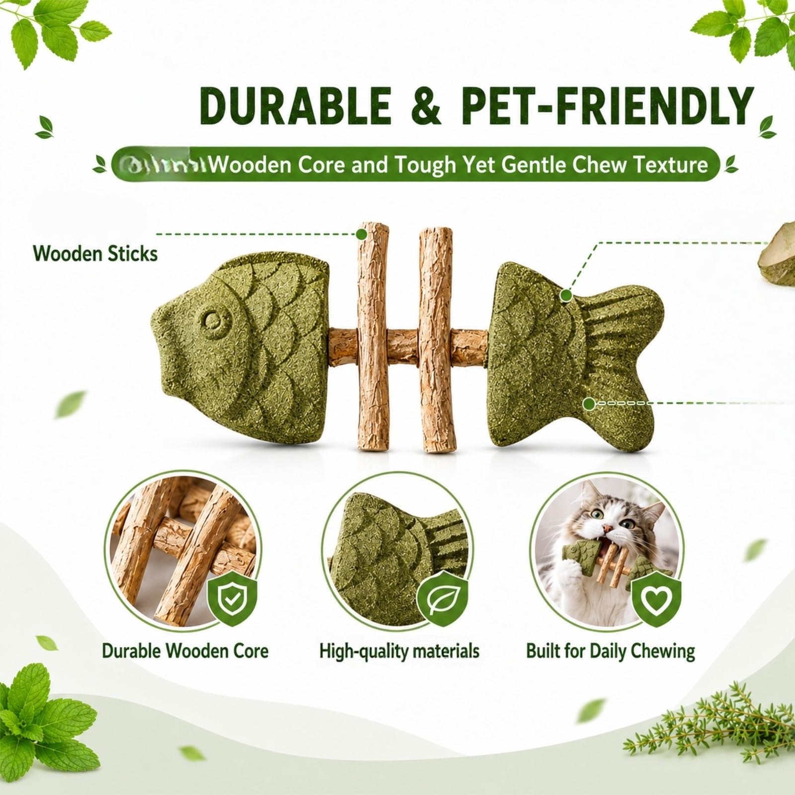 Genérico Fish Bone Cat Chew Toy, Catnip Silvervine Stick, Wooden Fishbone Bite Toy for Indoor Play and Daily Fun (A+B+C)