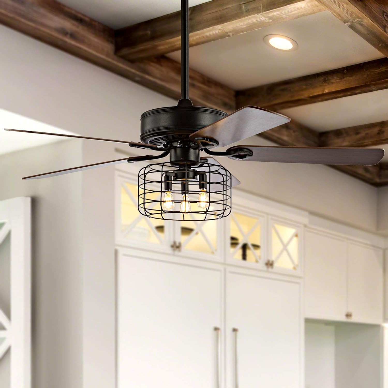 JONATHAN Y 52" Forged Black 3-Light Iron and Wood LED Ceiling Fan, Industrial Farmhouse 5-Blade Fixture with Remote, Reversible Walnut Blades, LED Bulbs Included JYL9603A
