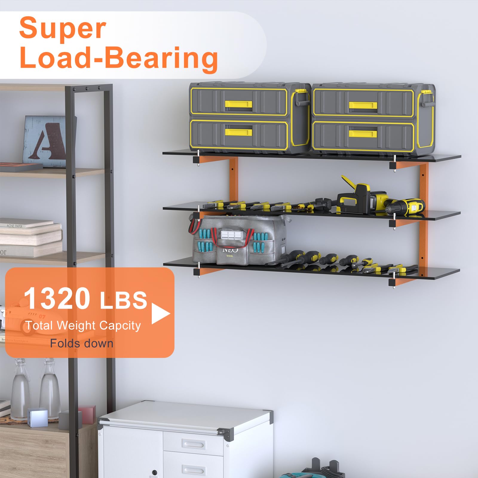 Confezione da 4 rack per legname da parete, in legno resistente, con sistema a 6 livelli, robusto organizer in legno da garage da 598,7 kg, rack in metallo arancione da appendere, per interni ed