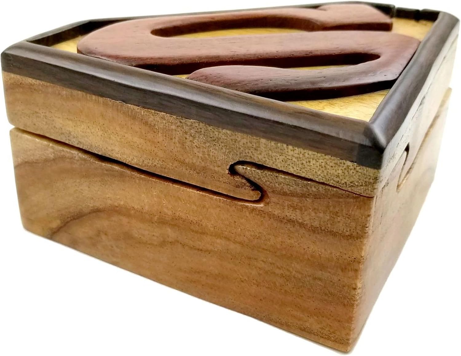 60% Off Discount Superman All Natural Exotic Woods Puzzle Box, 5.5 x 4 x 2.5 with Sliding Wooden Key Lock, Sliding Cover and Inner Lid to Hidden Compartment. Hand-made Wood Onlay Design on Lid.